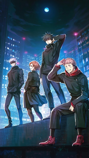Jujutsu Kaisen characters standing on a rooftop at night