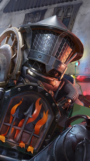 Character from PUBG Mobile with flaming trident emblem