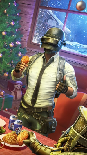 PUBG Mobile character eating fried chicken at Christmas