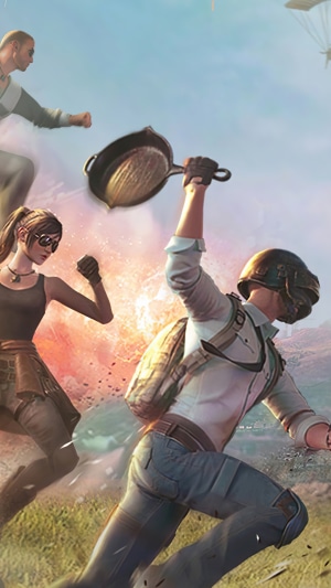 PUBG Mobile characters running with a frying pan