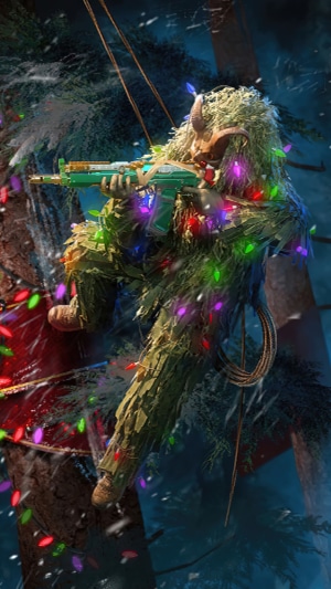 Call of Duty Mobile character in ghillie suit with Christmas lights