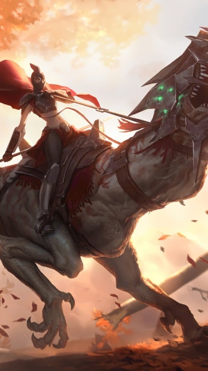 Riven from Legends of Runeterra riding a dinosaur