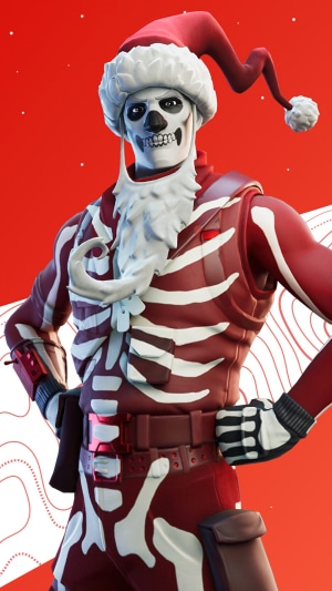 Skull Trooper from Fortnite wearing a Santa hat
