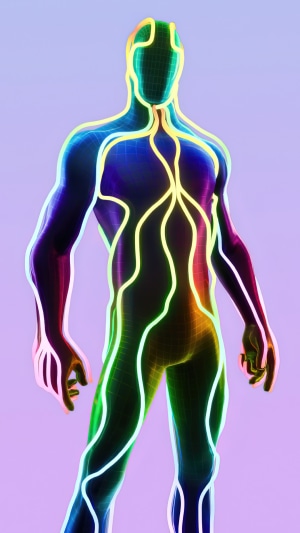 Fortnite character with glowing neon lines