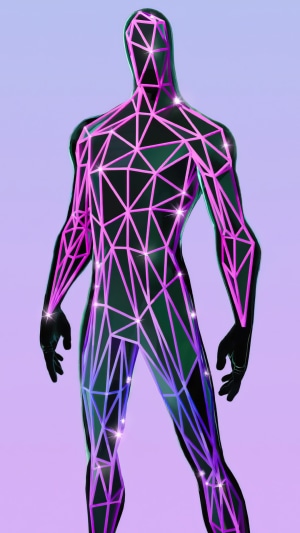 Fortnite character with geometric pink and purple glow