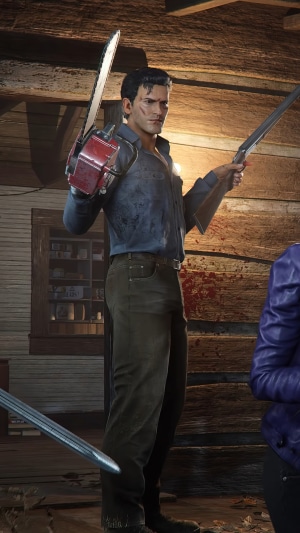 Ash Williams from Evil Dead with chainsaw and shotgun