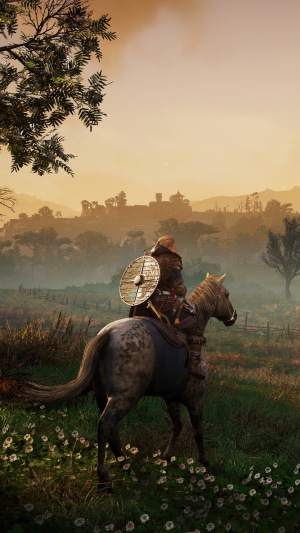Assassin's Creed Valhalla: Man on Horse in Misty Landscape