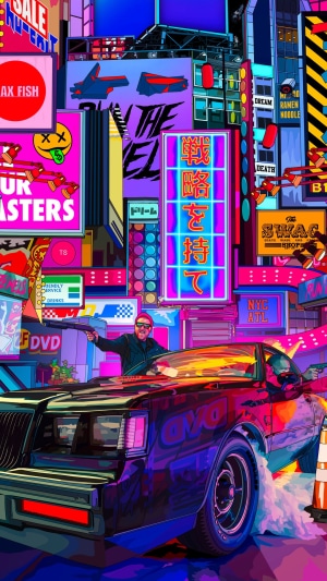 Man in car with guns in neon city