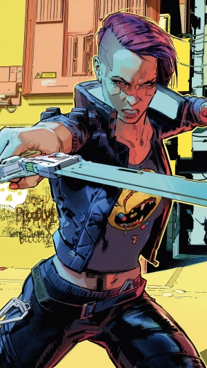 V from Cyberpunk 2077 holding a sword