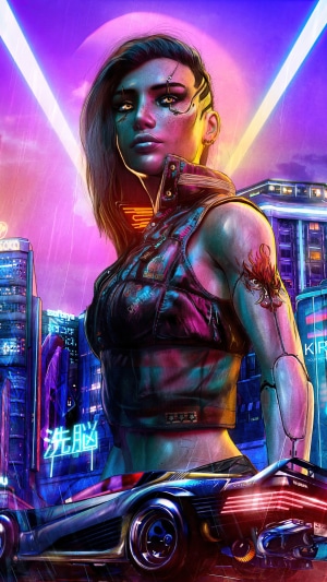 V from Cyberpunk 2077 in a futuristic city