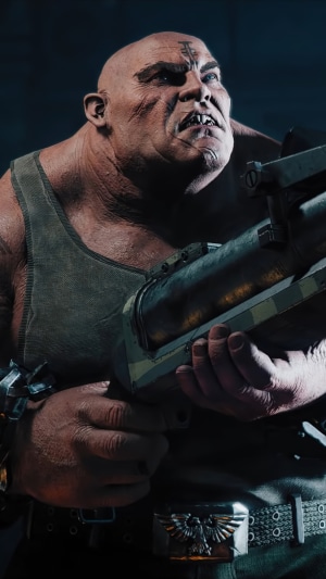 Ogryn from Warhammer 40,000: Darktide holding a weapon