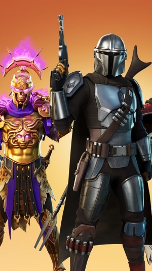 The Mandalorian and a golden warrior from Fortnite