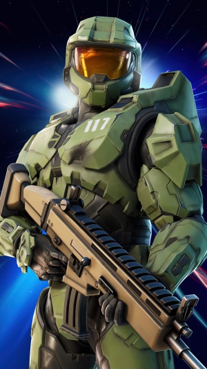 Master Chief from Fortnite holding a rifle