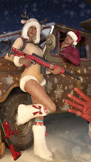 Christmas-themed characters with guns and a truck in PUBG