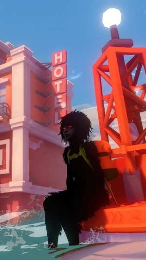 Character from Sea of Solitude sitting by a hotel