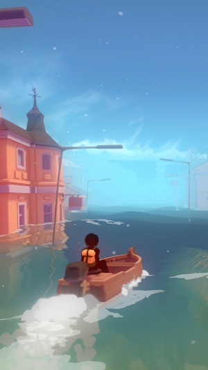 Person in boat in flooded city