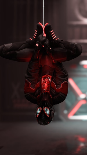 Miles Morales from Marvel's Spider-Man hanging upside down