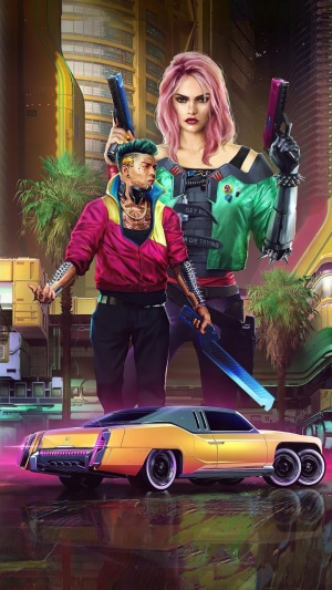 Cyberpunk 2077 characters with a car
