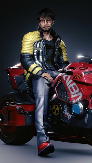 Hideo Kojima on a Cyberpunk 2077 Motorcycle