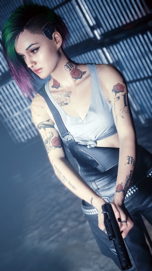 Judy Alvarez from Cyberpunk 2077 holding a gun