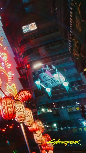 Cyberpunk 2077 flying vehicle over Night City