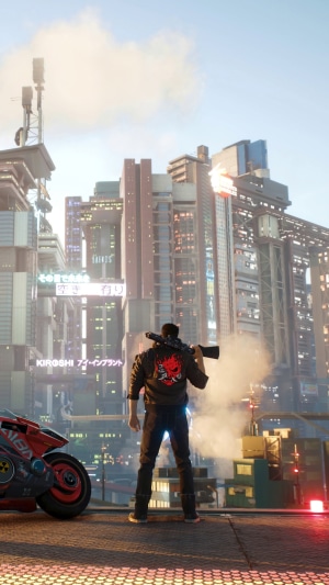 V from Cyberpunk 2077 with a rifle in Night City