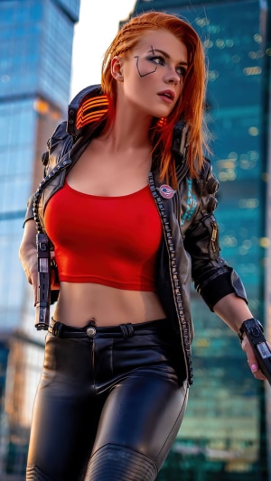Female Cyberpunk 2077 Cosplayer with Guns