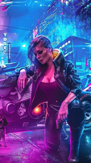 V from Cyberpunk 2077 leaning on a motorcycle