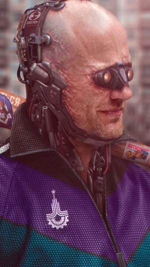 Cyberpunk 2077 character with cybernetic implants
