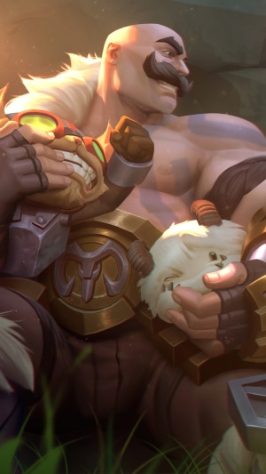 Braum from League of Legends holding a Poro and Ziggs