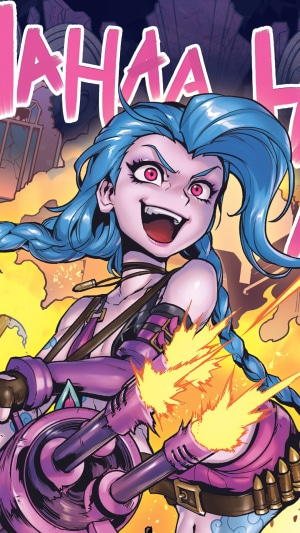Jinx from League of Legends firing a machine gun