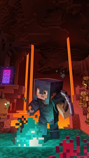 Minecraft character in the Nether with a portal