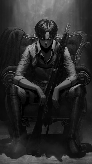 Levi Ackerman from Attack on Titan sitting with a rifle