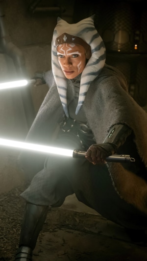 Ahsoka Tano from Star Wars holding two lightsabers