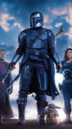 The Mandalorian, Grogu, Cara Dune, and Greef Karga from Star Wars