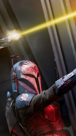Bo-Katan Kryze from Star Wars firing a blaster