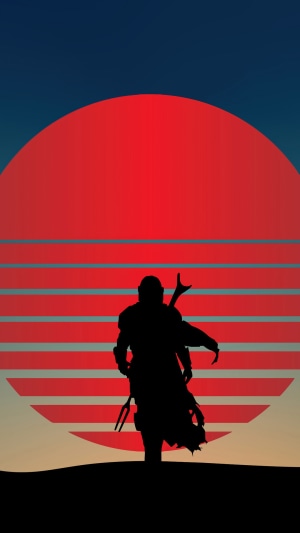 The Mandalorian from Star Wars, minimalist sunset