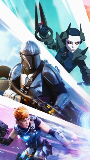 The Mandalorian, a female soldier, and a dark-haired character from Star Wars in Fortnite