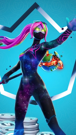 Fortnite character with galaxy skin and pickaxe