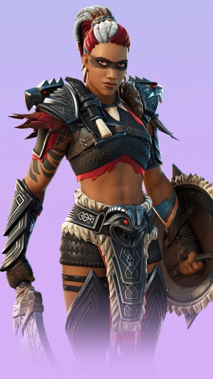 Fortnite character with tribal armor and shield