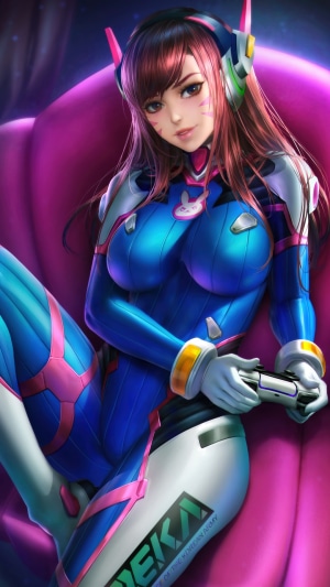 D.Va from Overwatch holding a controller