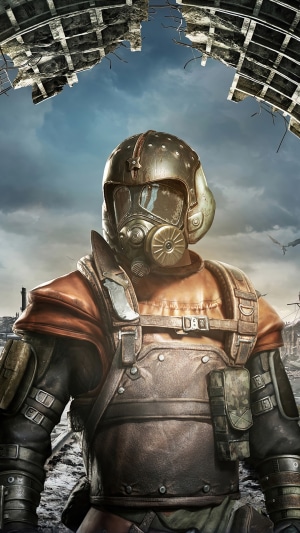 Man in gas mask and helmet from Metro Exodus