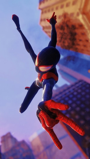 Spider-Man (Miles Morales) swinging through a city