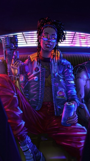 Woman with gun and drink in Cyberpunk 2077