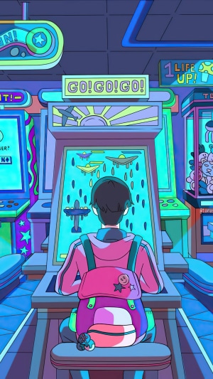Person playing arcade game with "GO!GO!GO!" sign
