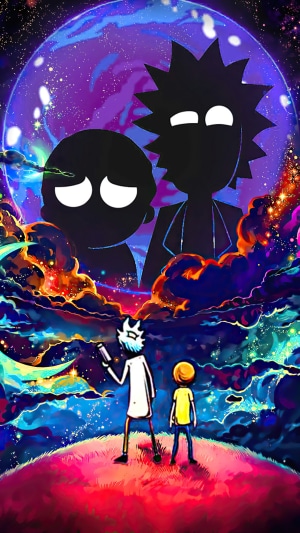 Rick and Morty in a colorful cosmic landscape