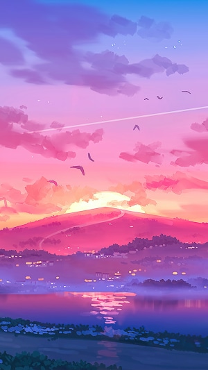 Anime Sunset Over Mountains and Lake
