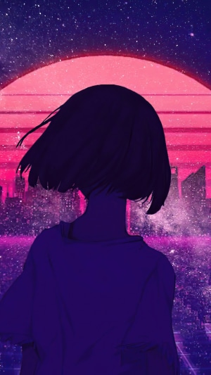 Girl in front of a synthwave city sunset
