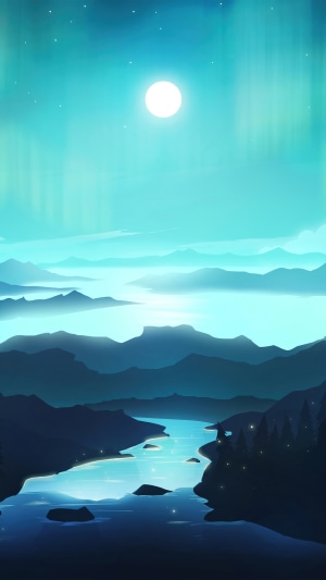 Minimalist landscape with moon and aurora over mountains and river