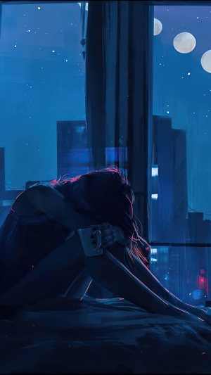 Girl sitting by window at night with city view
